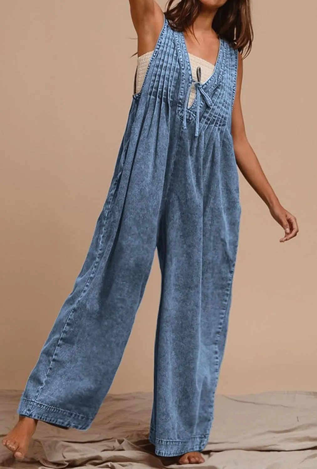 loveimgs Women Flowy Sleeveless Jean Jumpsuit Wide Leg Overalls Baggy Pleated Ruffle Tank Romper Summer Y2k 2025 Pocket