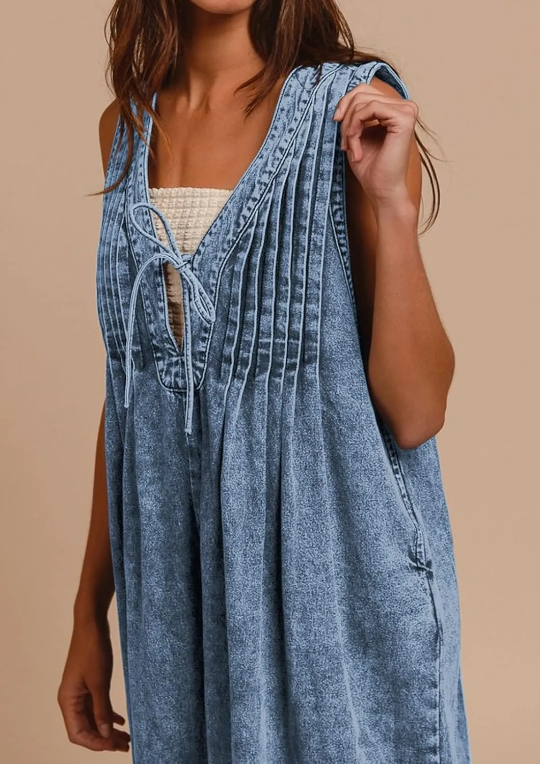 loveimgs Women Flowy Sleeveless Jean Jumpsuit Wide Leg Overalls Baggy Pleated Ruffle Tank Romper Summer Y2k 2025 Pocket