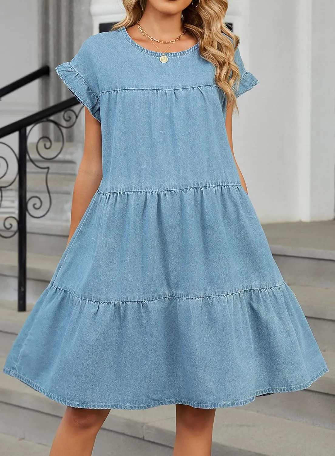 loveimgs Women Summer Ruffle Babydoll Denim Dress Shift Short Sleeve Tiered Tunic Jumper Jean Mini Dress Knee Length 2025