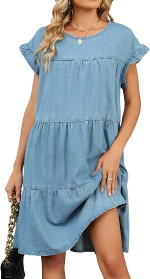 loveimgs Women Summer Ruffle Babydoll Denim Dress Shift Short Sleeve Tiered Tunic Jumper Jean Mini Dress Knee Length 2025