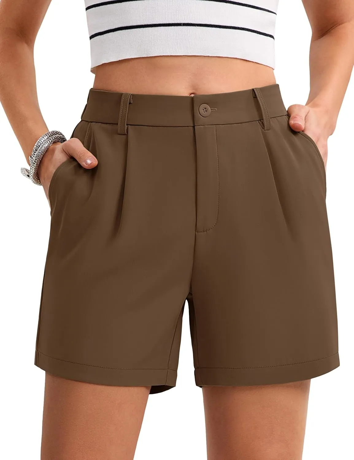 MAGCOMSEN Shorts for Women Dressy Casual Summer Pleated Tailored Back Elastic Waist Trouser Shorts with Pockets