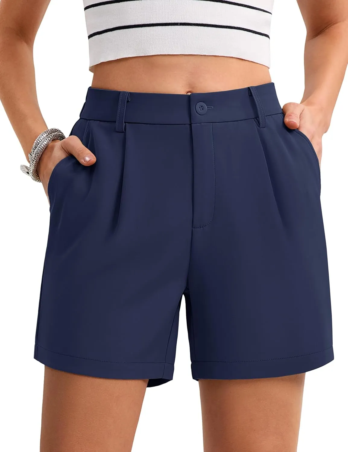 MAGCOMSEN Shorts for Women Dressy Casual Summer Pleated Tailored Back Elastic Waist Trouser Shorts with Pockets