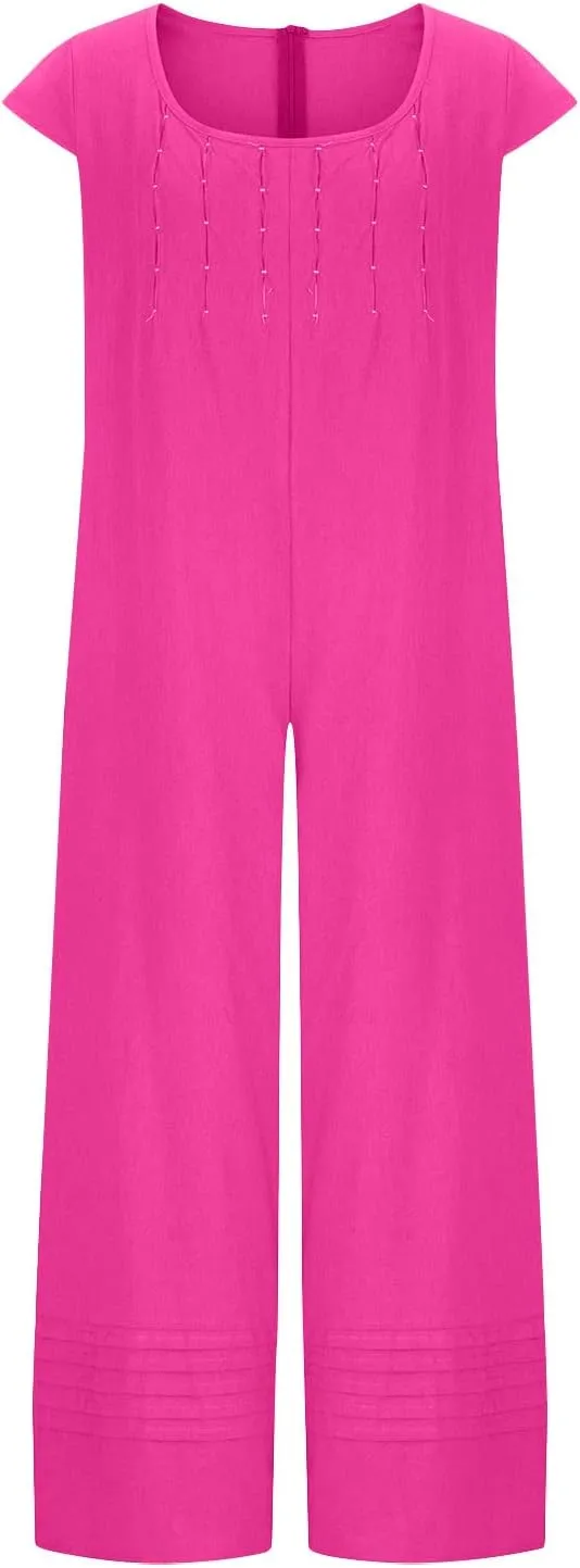 maisdgop Womens Rompers for Summer Short Sleeve Jumpsuits Casual Baggy Wide Leg Overalls Cotton Linen Harem Pants Romper