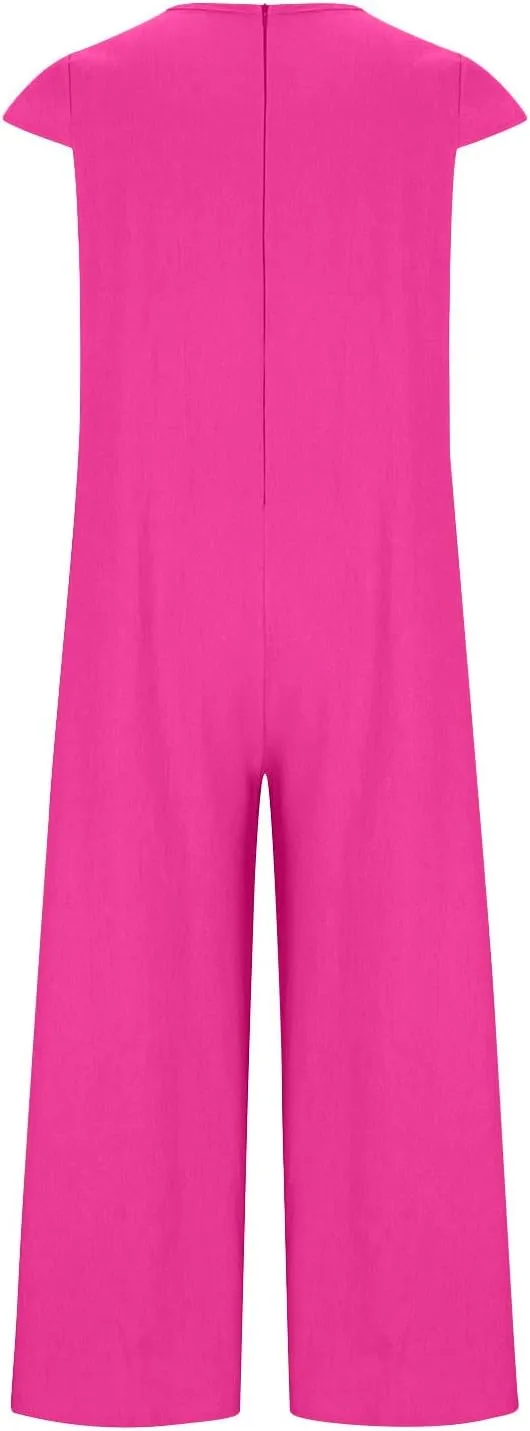 maisdgop Womens Rompers for Summer Short Sleeve Jumpsuits Casual Baggy Wide Leg Overalls Cotton Linen Harem Pants Romper