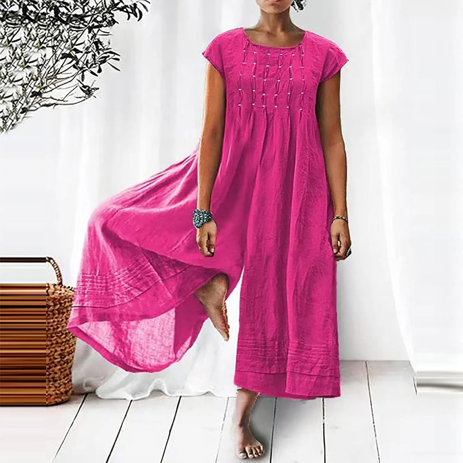 maisdgop Womens Rompers for Summer Short Sleeve Jumpsuits Casual Baggy Wide Leg Overalls Cotton Linen Harem Pants Romper