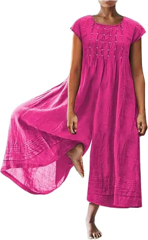 maisdgop Womens Rompers for Summer Short Sleeve Jumpsuits Casual Baggy Wide Leg Overalls Cotton Linen Harem Pants Romper