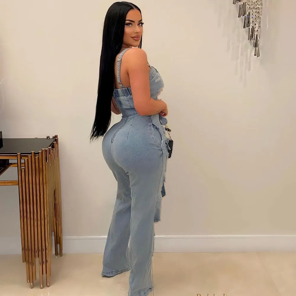 Mandonce Denim Jumpsuit for Women Halter Wide Leg Ripped Jean Jumpsuits for Women with Belt Casual Denim Romper