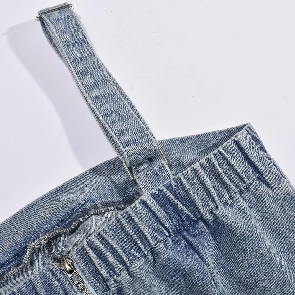 Mandonce Denim Jumpsuit for Women Halter Wide Leg Ripped Jean Jumpsuits for Women with Belt Casual Denim Romper