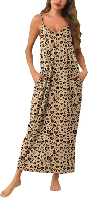 Marvmys Womens Cotton Long Nightgowns Spaghetti Strap V Neck Full Slip Sleep Shirts with Pockets