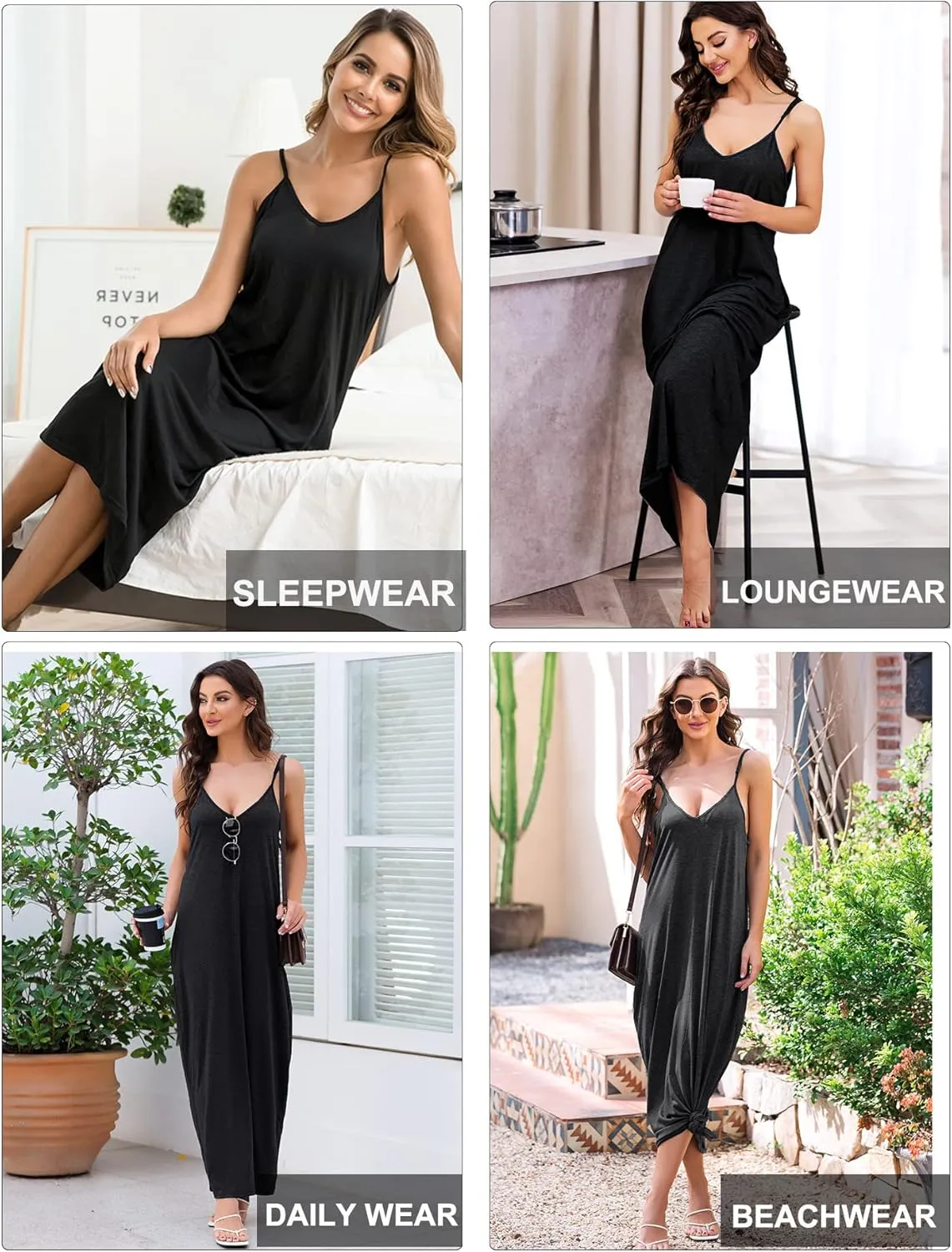 Marvmys Womens Cotton Long Nightgowns Spaghetti Strap V Neck Full Slip Sleep Shirts with Pockets