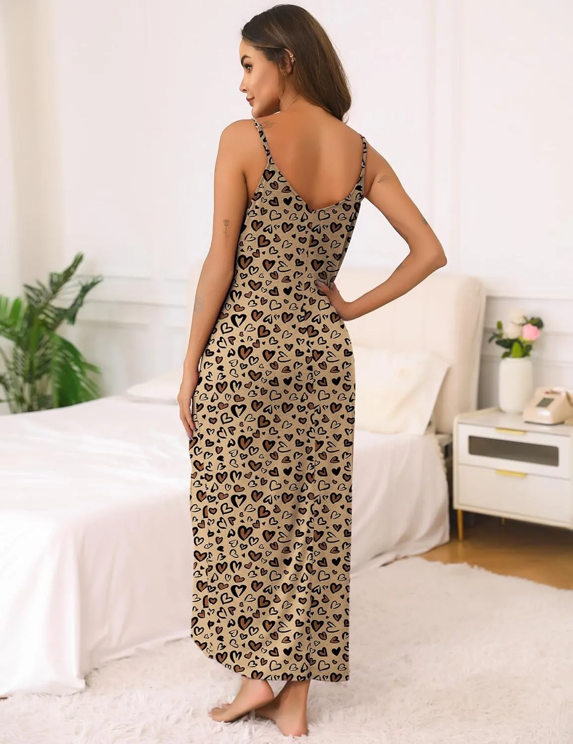 Marvmys Womens Cotton Long Nightgowns Spaghetti Strap V Neck Full Slip Sleep Shirts with Pockets