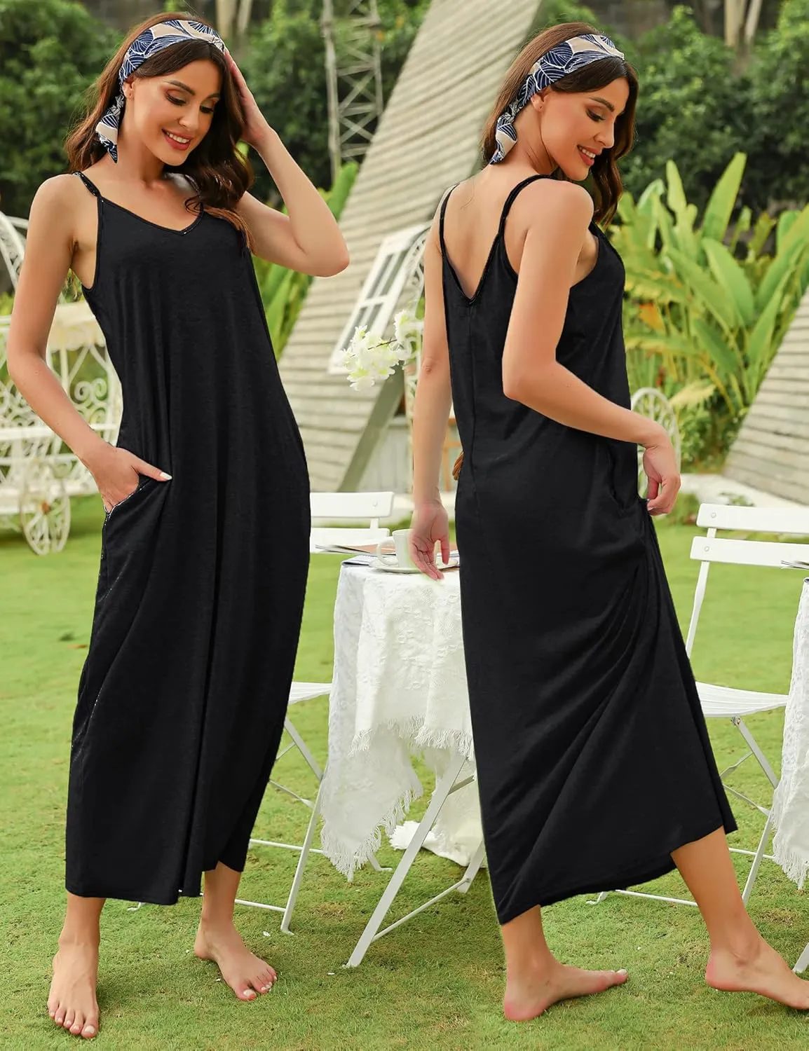 Marvmys Womens Cotton Long Nightgowns Spaghetti Strap V Neck Full Slip Sleep Shirts with Pockets