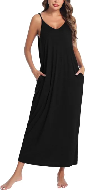 Marvmys Womens Cotton Long Nightgowns Spaghetti Strap V Neck Full Slip Sleep Shirts with Pockets