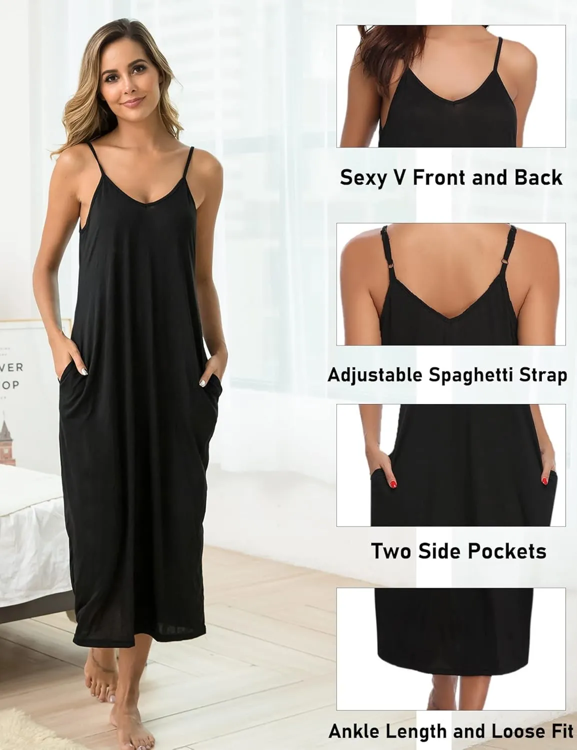 Marvmys Womens Cotton Long Nightgowns Spaghetti Strap V Neck Full Slip Sleep Shirts with Pockets
