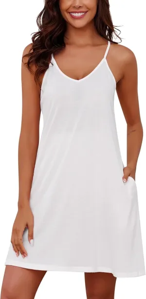 Marvmys Womens Spaghetti Strap Nightgown Cotton Chemise Nightie Sexy V Neck Cami Sleep Dress with Pockets White S