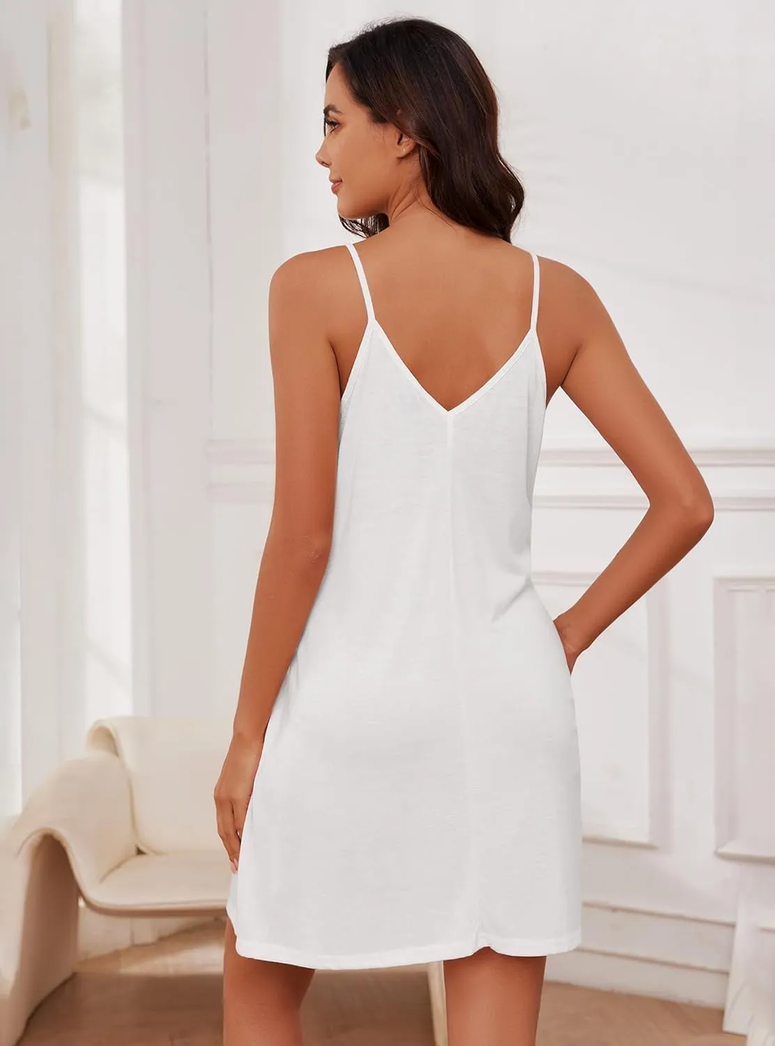 Marvmys Womens Spaghetti Strap Nightgown Cotton Chemise Nightie Sexy V Neck Cami Sleep Dress with Pockets White S