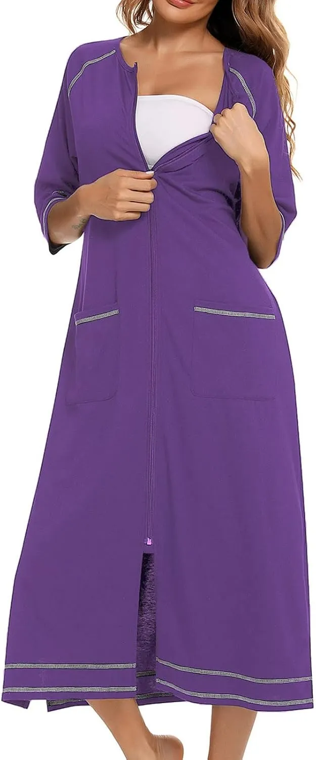 Maternity Robe for Women with Pockets, Women Long Robes Zip Up Nightgowns Full Length Sleepwear Comfy House Dress