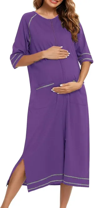 Maternity Robe for Women with Pockets, Women Long Robes Zip Up Nightgowns Full Length Sleepwear Comfy House Dress