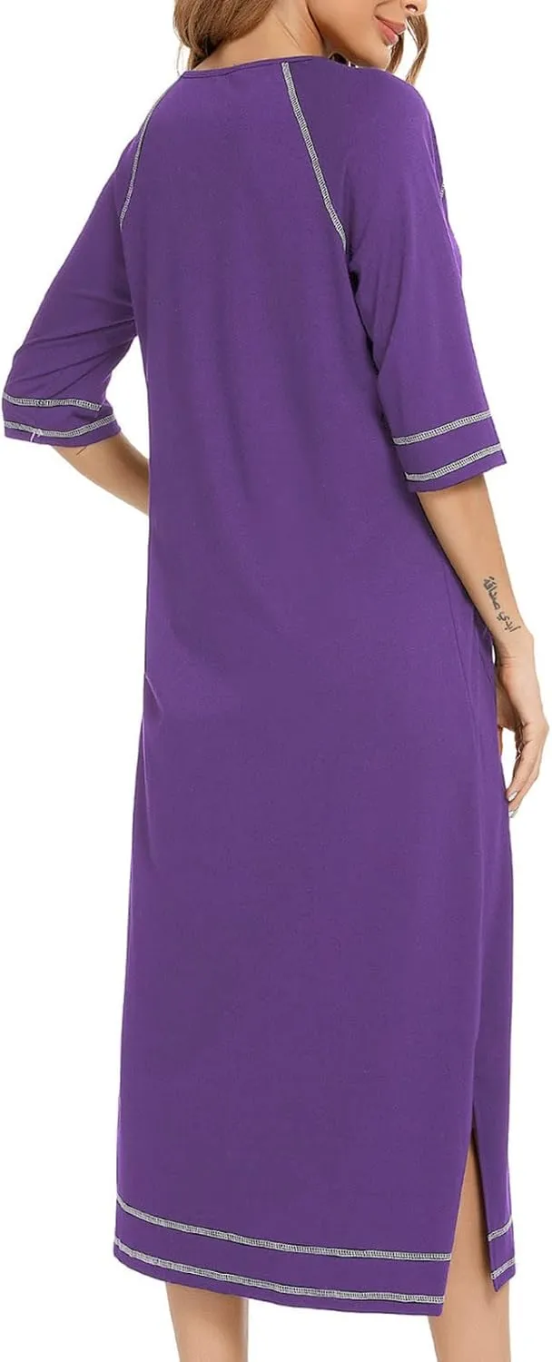 Maternity Robe for Women with Pockets, Women Long Robes Zip Up Nightgowns Full Length Sleepwear Comfy House Dress