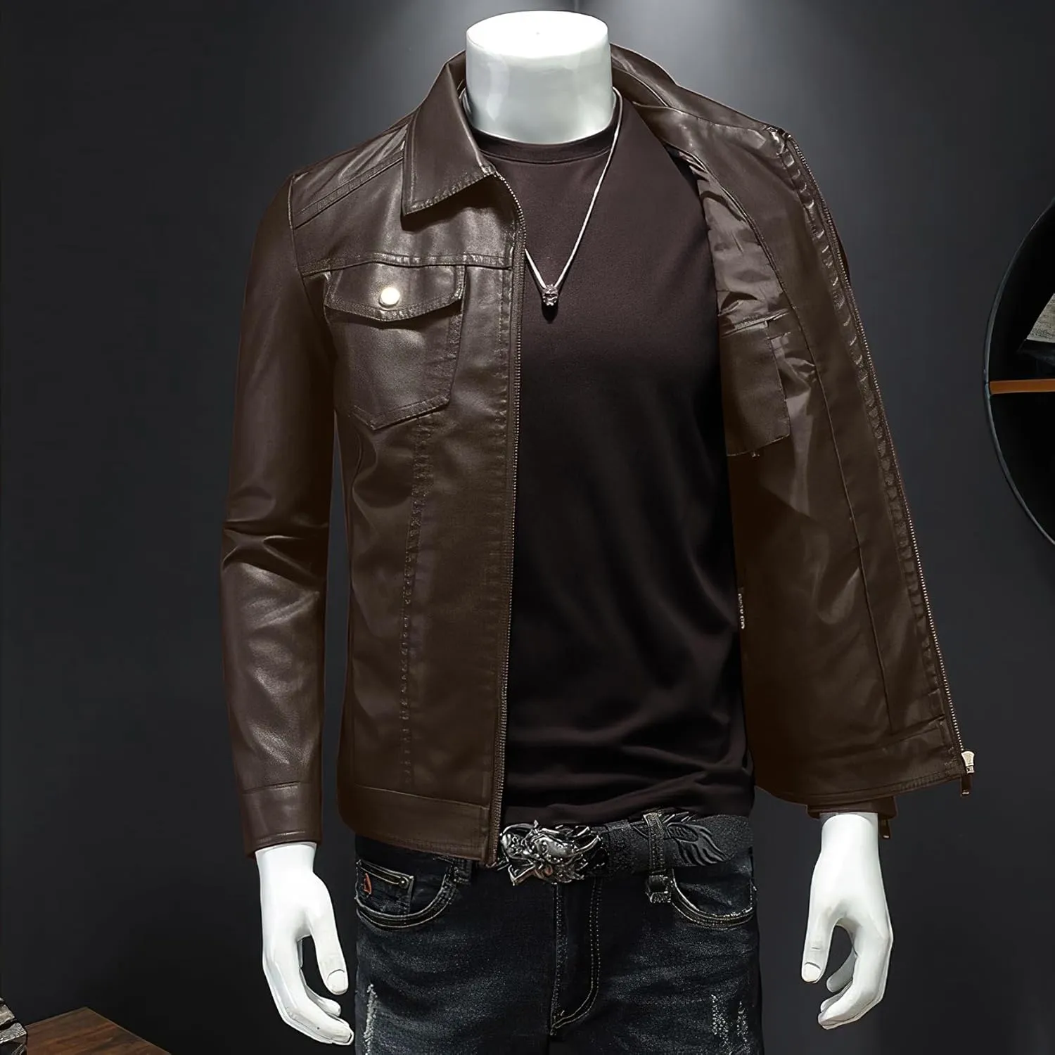Mens Leather Jacket Motorcycle Black Biker Jackets Vintage Faux Leather Outwear Casual Lightweight