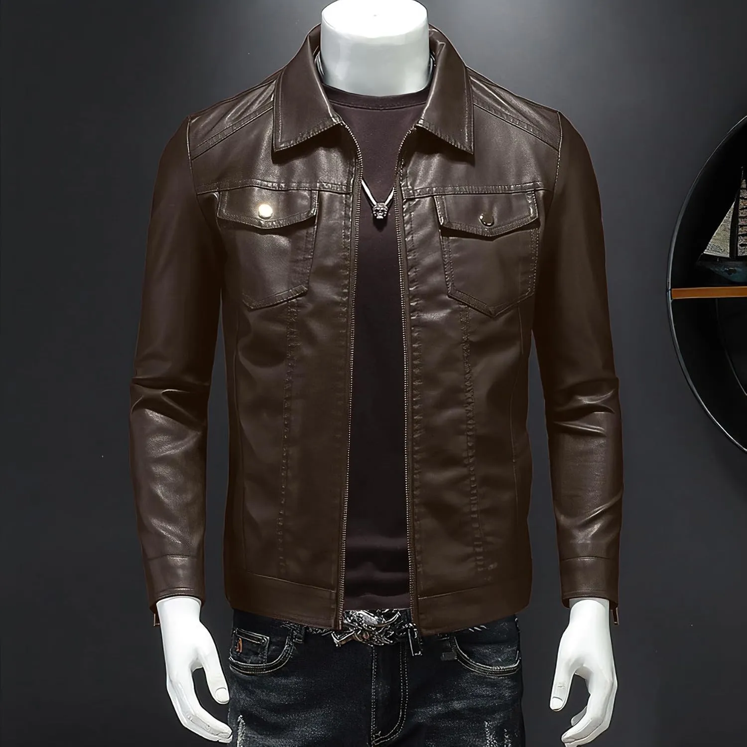 Mens Leather Jacket Motorcycle Black Biker Jackets Vintage Faux Leather Outwear Casual Lightweight