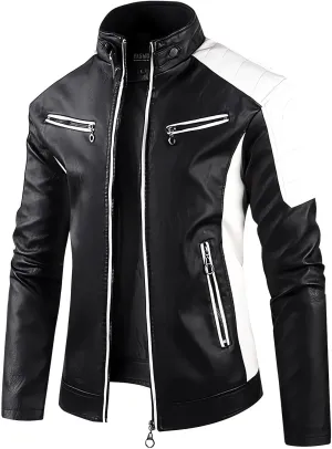 Mens Motorcycle Jacket Stand Collar Faux Leather Racing Jackets Lightweight Color Block Biker Coat