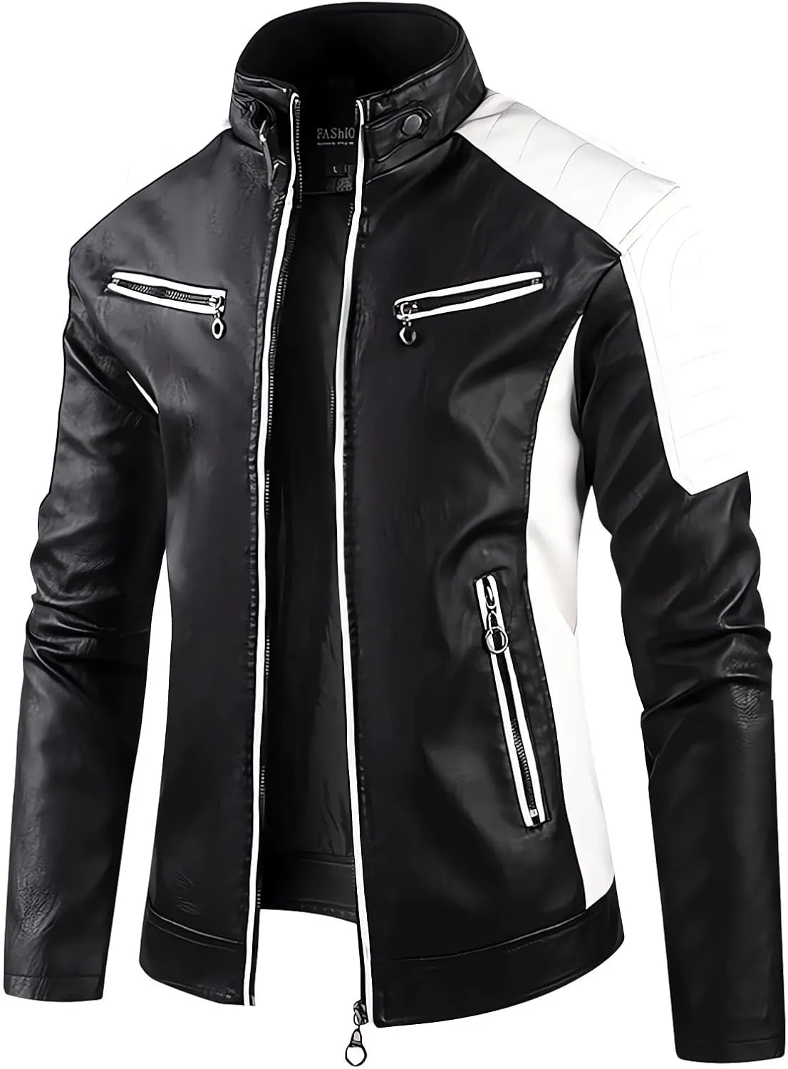 Mens Motorcycle Jacket Stand Collar Faux Leather Racing Jackets Lightweight Color Block Biker Coat