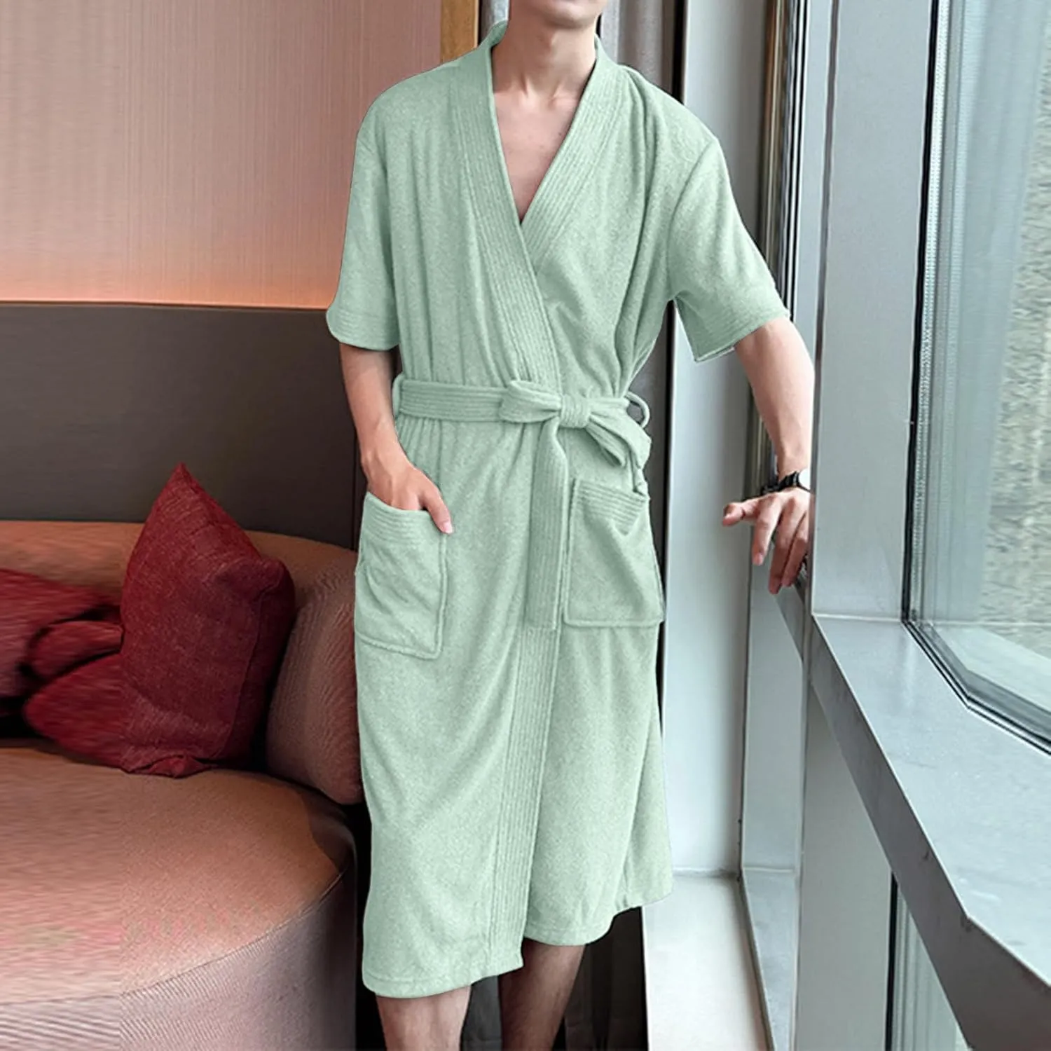 Mens Robes Lightweight Knee Length Lightweight Knit Robe Short Sleeve Cotton Robe Sleepwear Winter Fuzzy Robe
