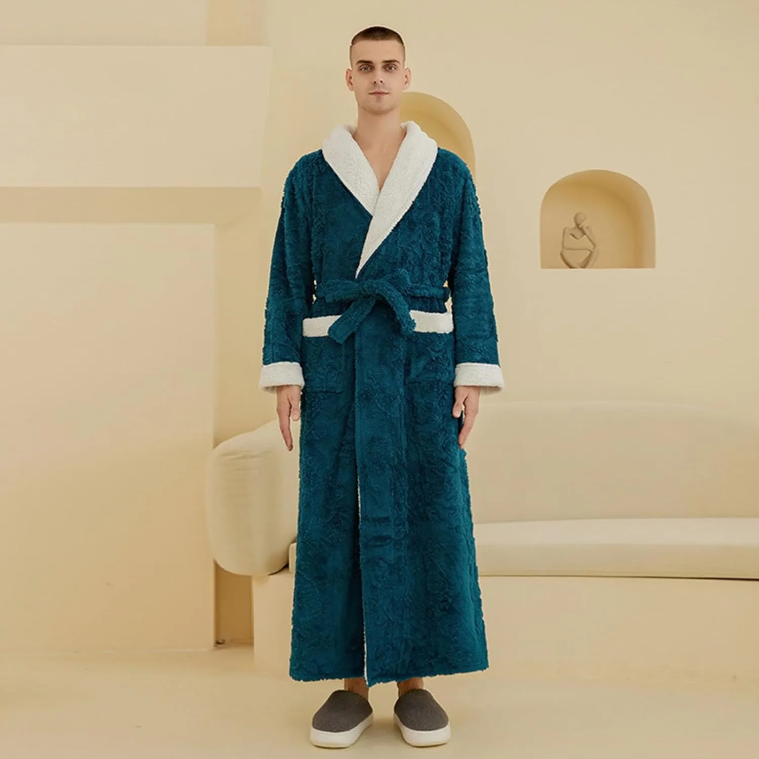 Mens Robes Plush Shawl Collar Fleece Bathrobe Loungewear with Belt Cotton Robe Sleepwear Winter Matching Robes for Couples