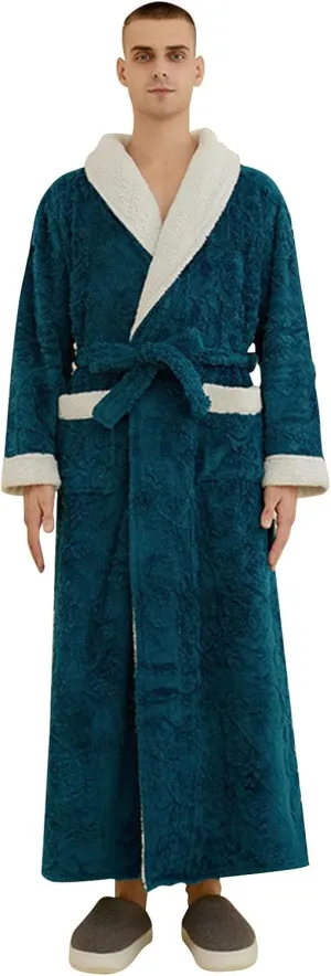 Mens Robes Plush Shawl Collar Fleece Bathrobe Loungewear with Belt Cotton Robe Sleepwear Winter Matching Robes for Couples