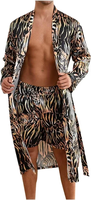 Men's Satin Robe with Shorts Sets Fashion Leopard Print Long Sleeve Silky Kimono Bathrobe Lightweight Soft Sleepwear