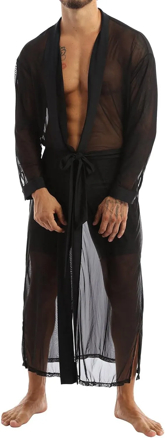 Men's Sheer Maxi Robe Open Cardigan Sexy Nightwear Home Daily Pajamas Sleepwear Long Sleeve See Through Robe