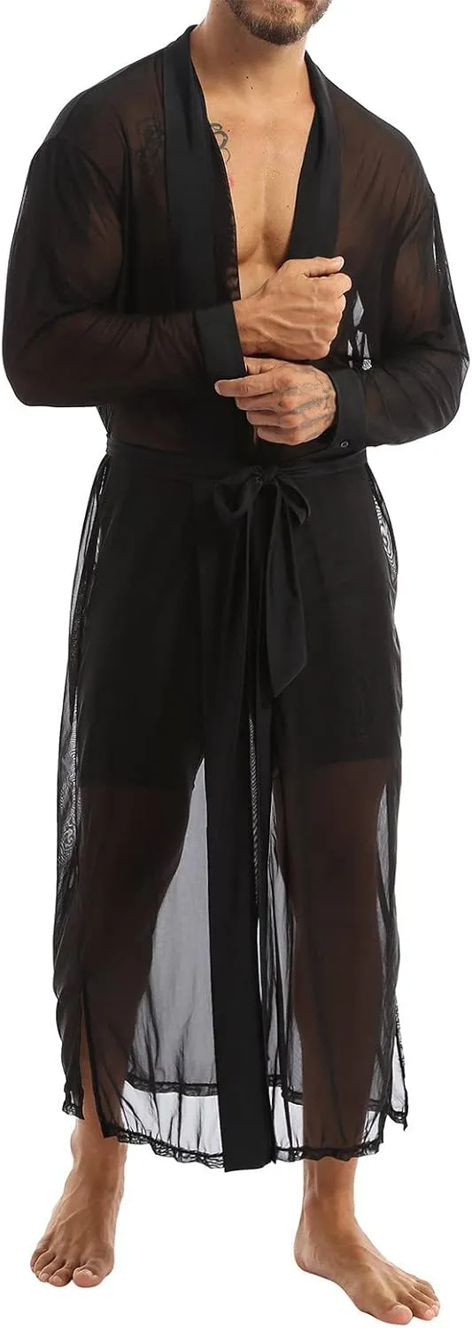 Men's Sheer Maxi Robe Open Cardigan Sexy Nightwear Home Daily Pajamas Sleepwear Long Sleeve See Through Robe