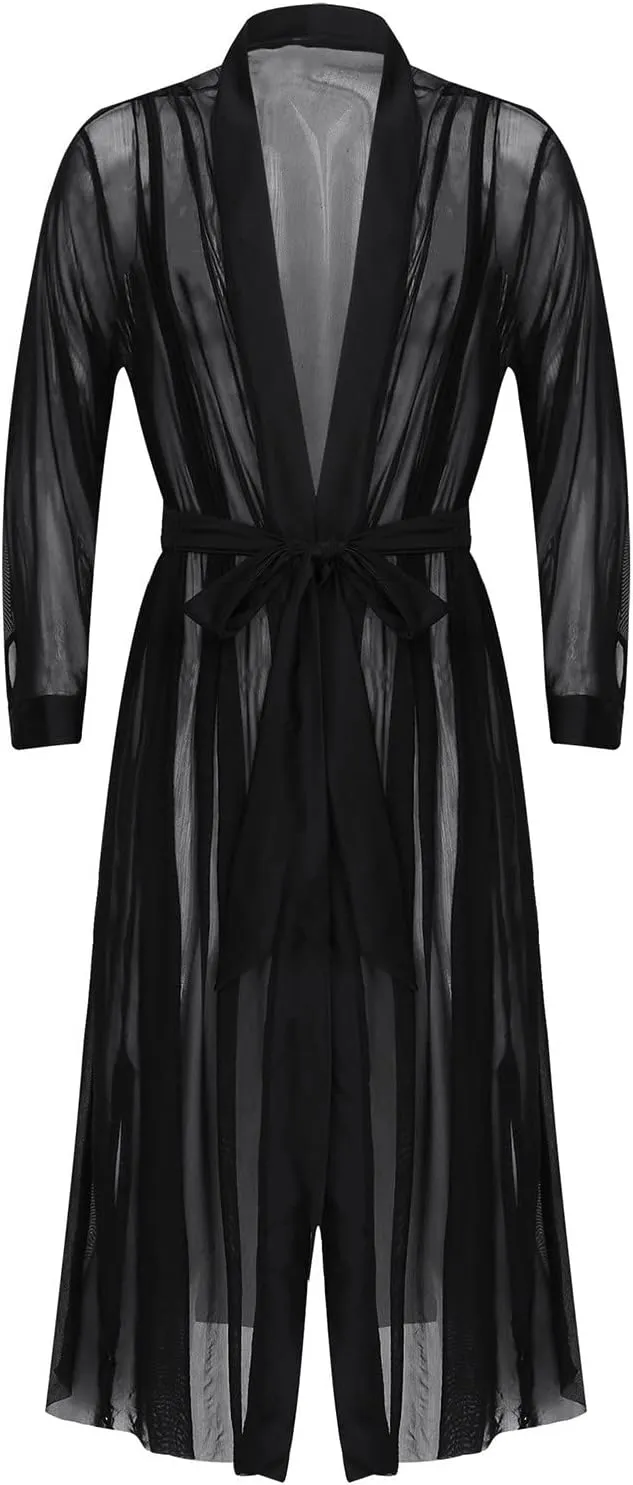Men's Sheer Maxi Robe Open Cardigan Sexy Nightwear Home Daily Pajamas Sleepwear Long Sleeve See Through Robe