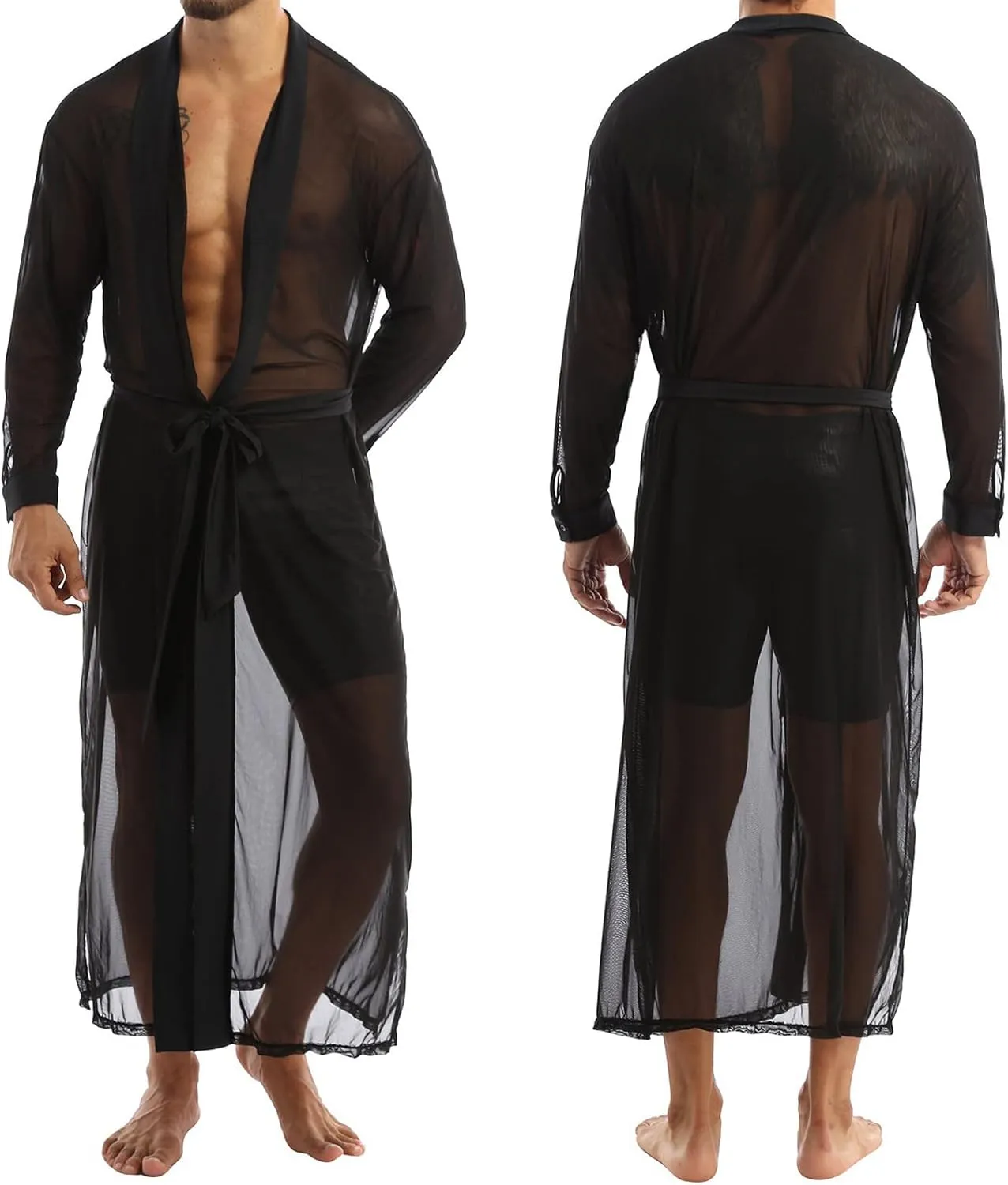 Men's Sheer Maxi Robe Open Cardigan Sexy Nightwear Home Daily Pajamas Sleepwear Long Sleeve See Through Robe