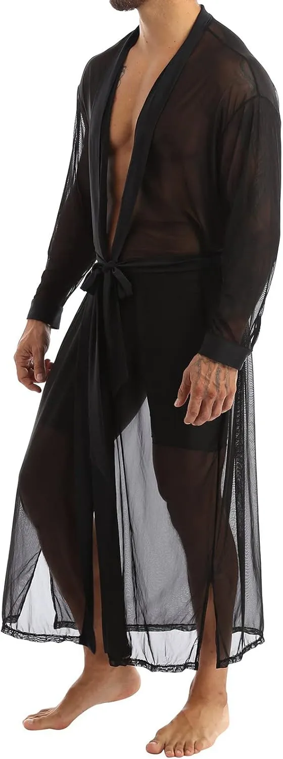 Men's Sheer Maxi Robe Open Cardigan Sexy Nightwear Home Daily Pajamas Sleepwear Long Sleeve See Through Robe