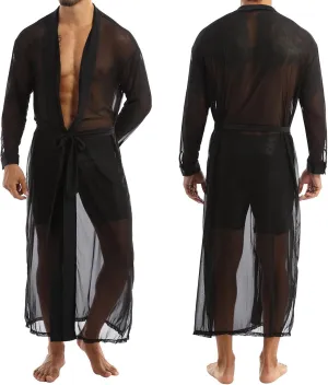 Men's Sheer Maxi Robe Open Cardigan Sexy Nightwear Home Daily Pajamas Sleepwear Long Sleeve See Through Robe