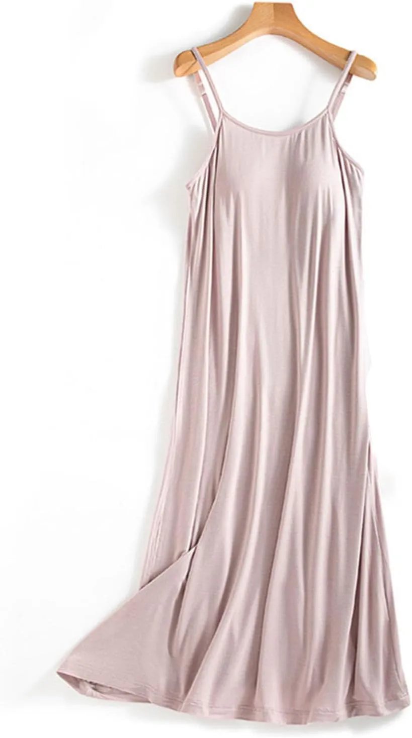 Modal Pajama Nightgowns for Women Cami Night Dress with Build-in Bra Soft Comfy Full Slip Sleepwear Summer Loungewear