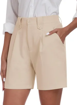 MoFiz Dress Shorts for Women Business Casual Summer Pleated Tailored Elastic Waist Work Office Trouser Shorts with Pockets
