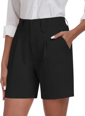 MoFiz Dress Shorts for Women Business Casual Summer Pleated Tailored Elastic Waist Work Office Trouser Shorts with Pockets