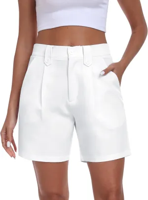 MoFiz Dress Shorts for Women Business Casual Summer Pleated Tailored Elastic Waist Work Office Trouser Shorts with Pockets