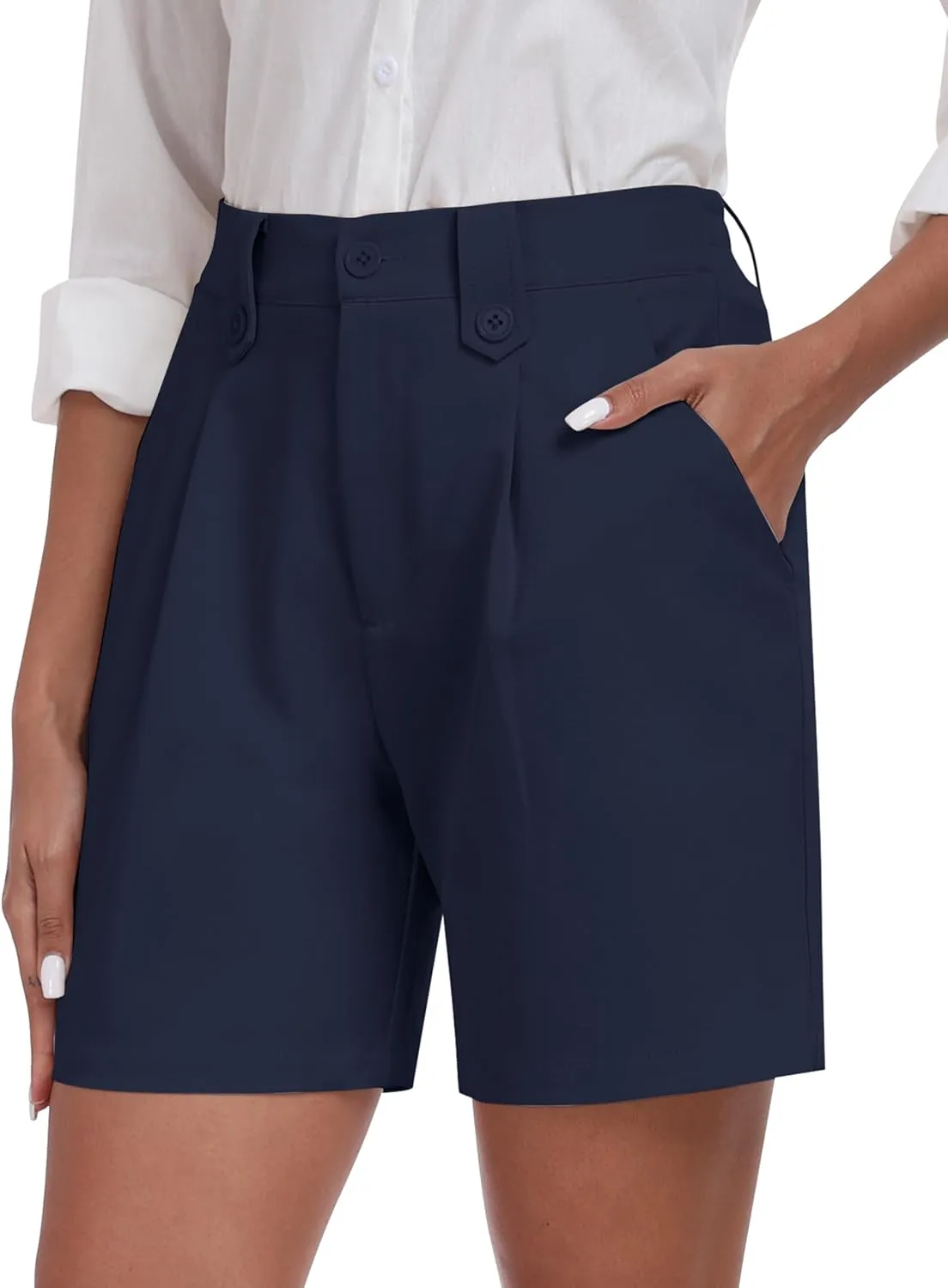 MoFiz Dress Shorts for Women Business Casual Summer Pleated Tailored Elastic Waist Work Office Trouser Shorts with Pockets