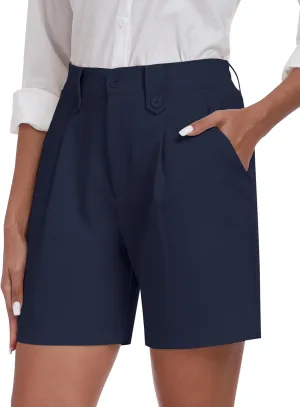 MoFiz Dress Shorts for Women Business Casual Summer Pleated Tailored Elastic Waist Work Office Trouser Shorts with Pockets
