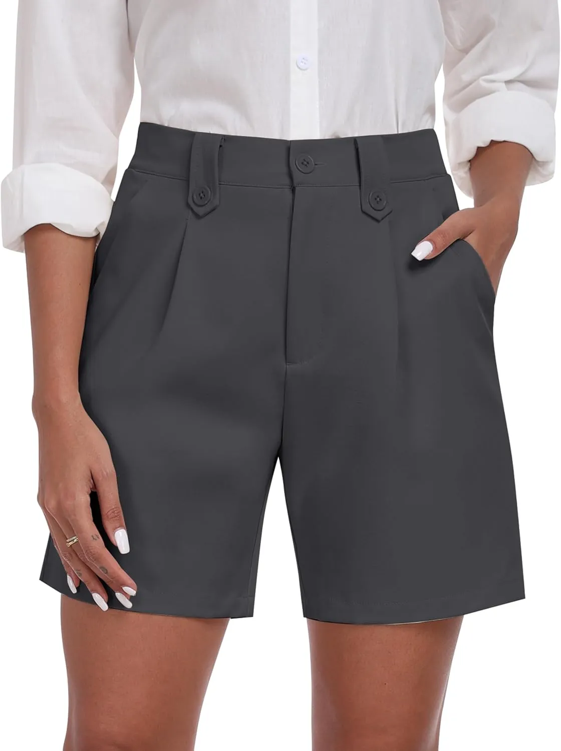MoFiz Dress Shorts for Women Business Casual Summer Pleated Tailored Elastic Waist Work Office Trouser Shorts with Pockets