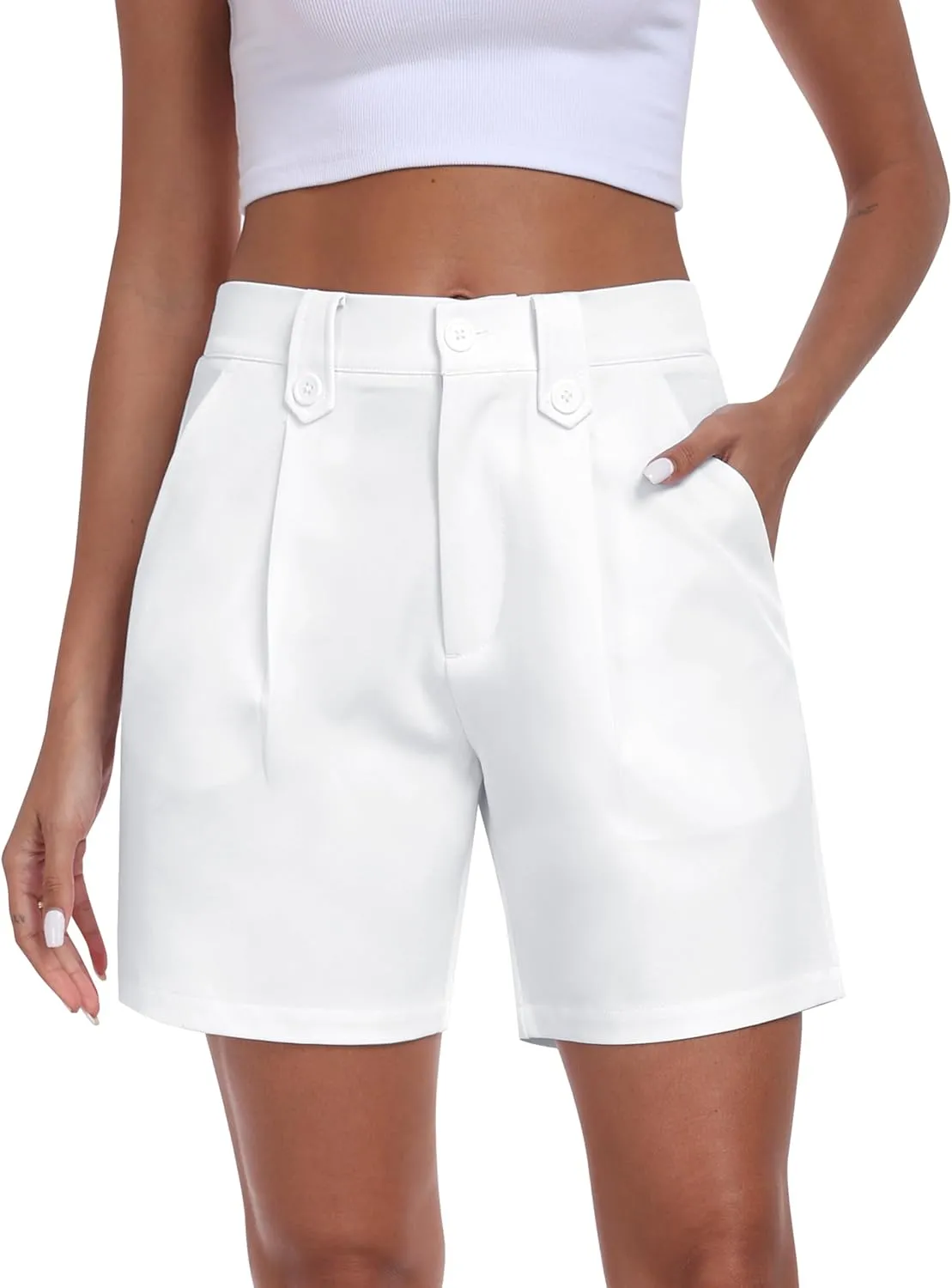 MoFiz Dress Shorts for Women Business Casual Summer Pleated Tailored Elastic Waist Work Office Trouser Shorts with Pockets