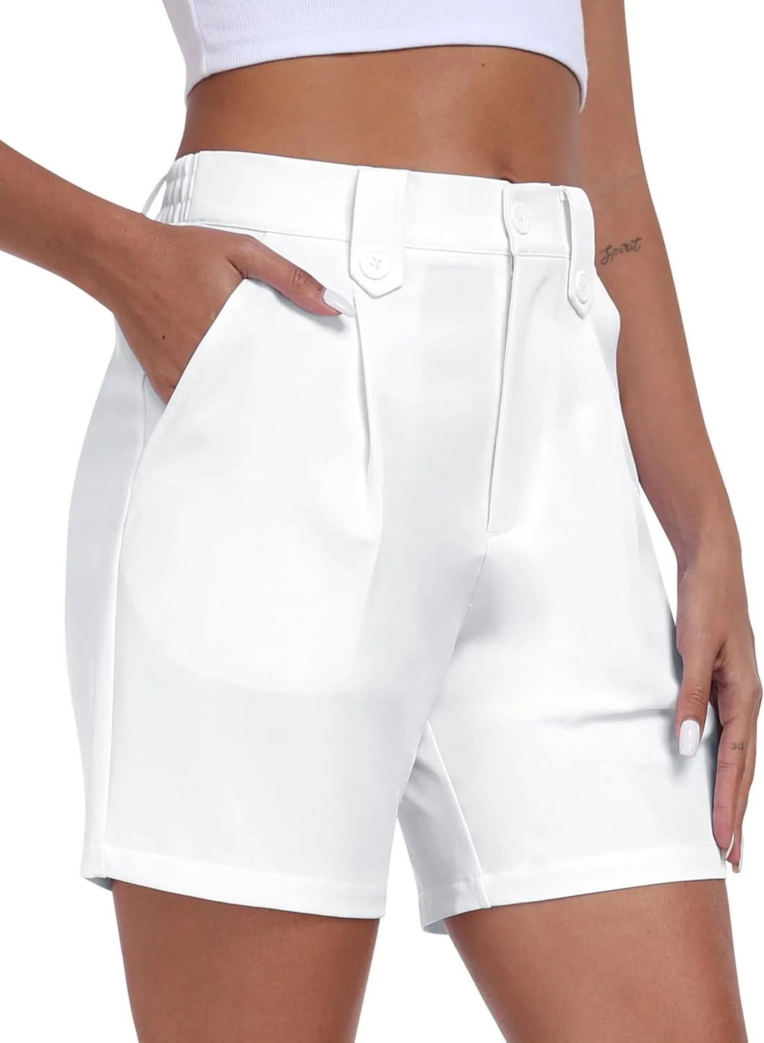 MoFiz Dress Shorts for Women Business Casual Summer Pleated Tailored Elastic Waist Work Office Trouser Shorts with Pockets