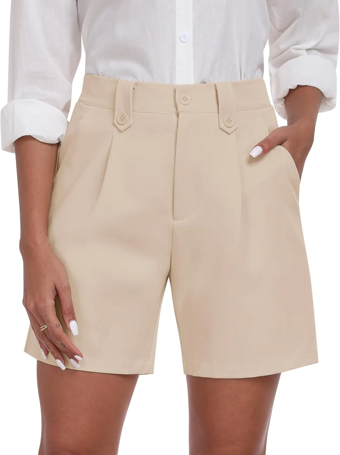 MoFiz Dress Shorts for Women Business Casual Summer Pleated Tailored Elastic Waist Work Office Trouser Shorts with Pockets