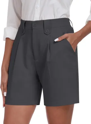 MoFiz Dress Shorts for Women Business Casual Summer Pleated Tailored Elastic Waist Work Office Trouser Shorts with Pockets