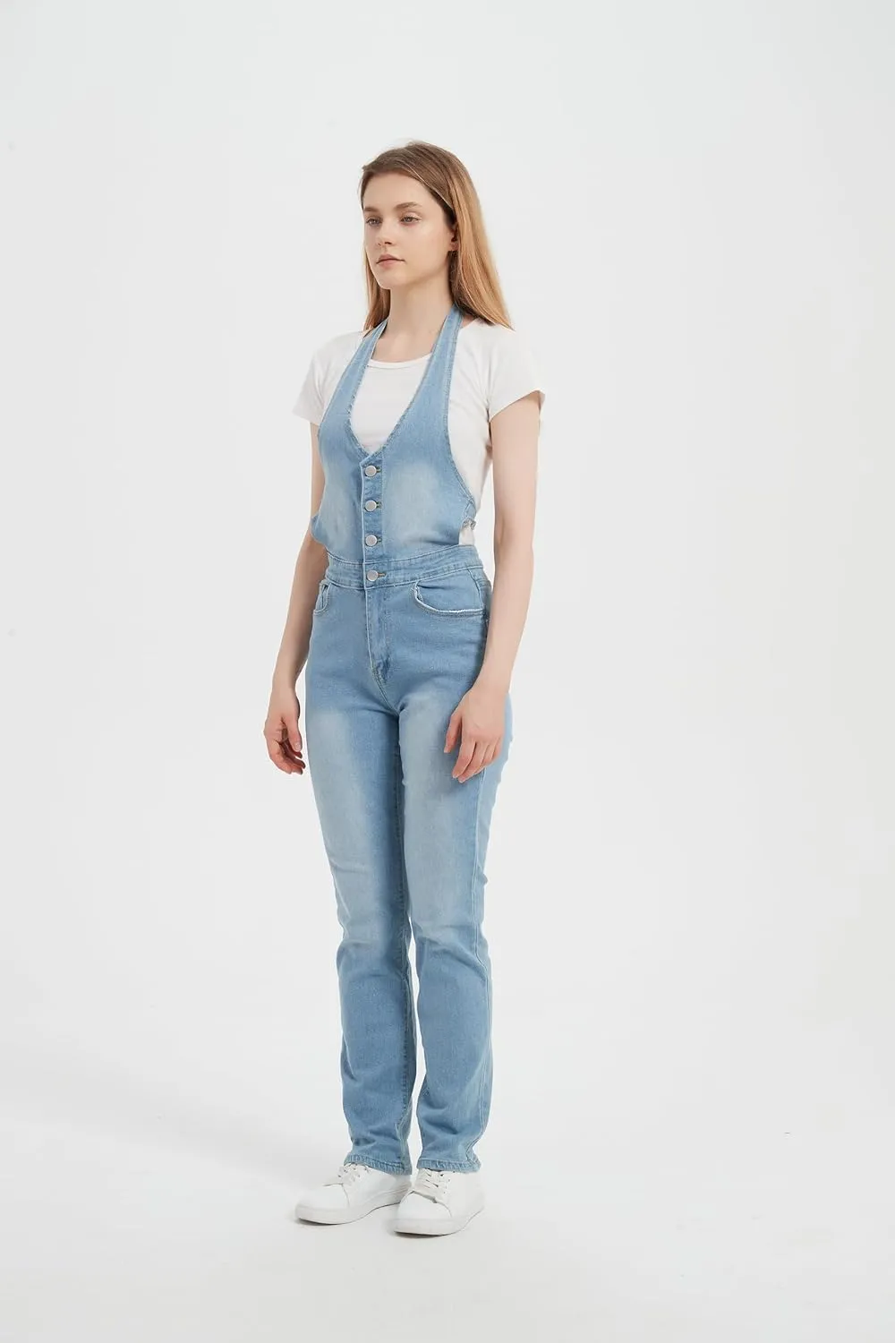Molilove Jeans Jumpsuit for Women Sleeveless Vacation Outfits One Piece Denim Jumpsuit Sexy Backless Y2k Blue Jean Rompers