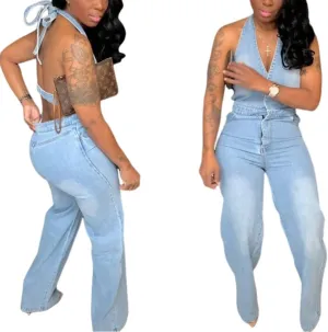 Molilove Jeans Jumpsuit for Women Sleeveless Vacation Outfits One Piece Denim Jumpsuit Sexy Backless Y2k Blue Jean Rompers